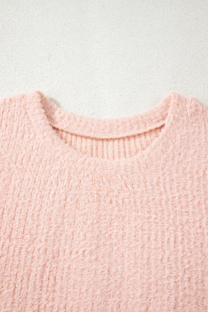 Light Pink Fuzzy Ribbed Texture Round Neck Long Sleeve Top