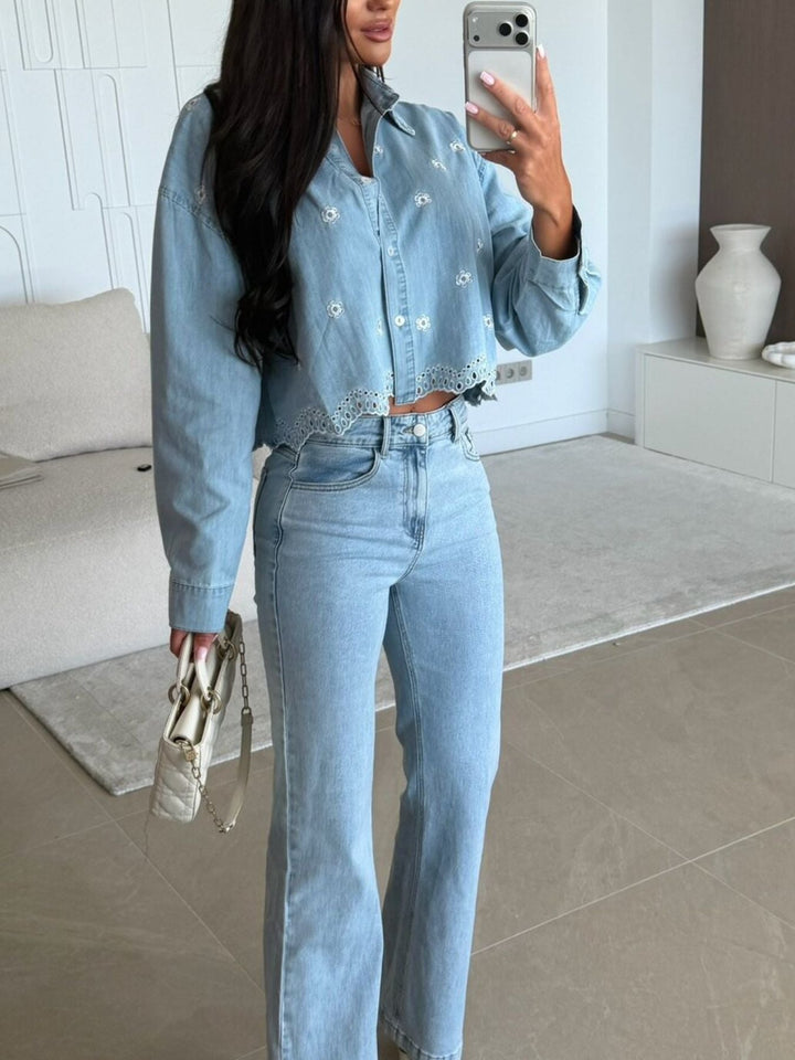 Embroidered Cropped Denim Shirt