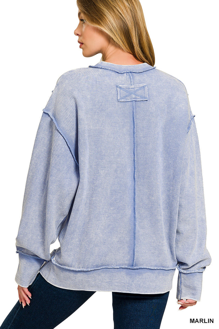 Zenana Acid Washed Double Ribbed Exposed-Seam Sweatshirt