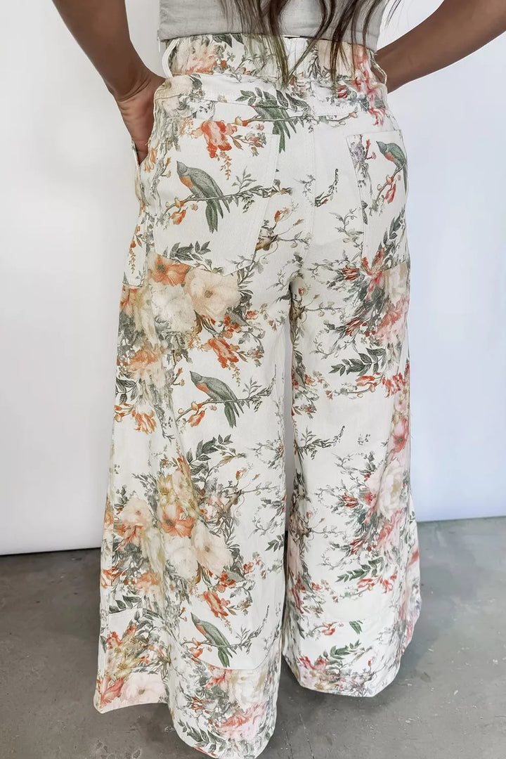 Vintage Style Floral Print High Waist Wide Leg Jeans