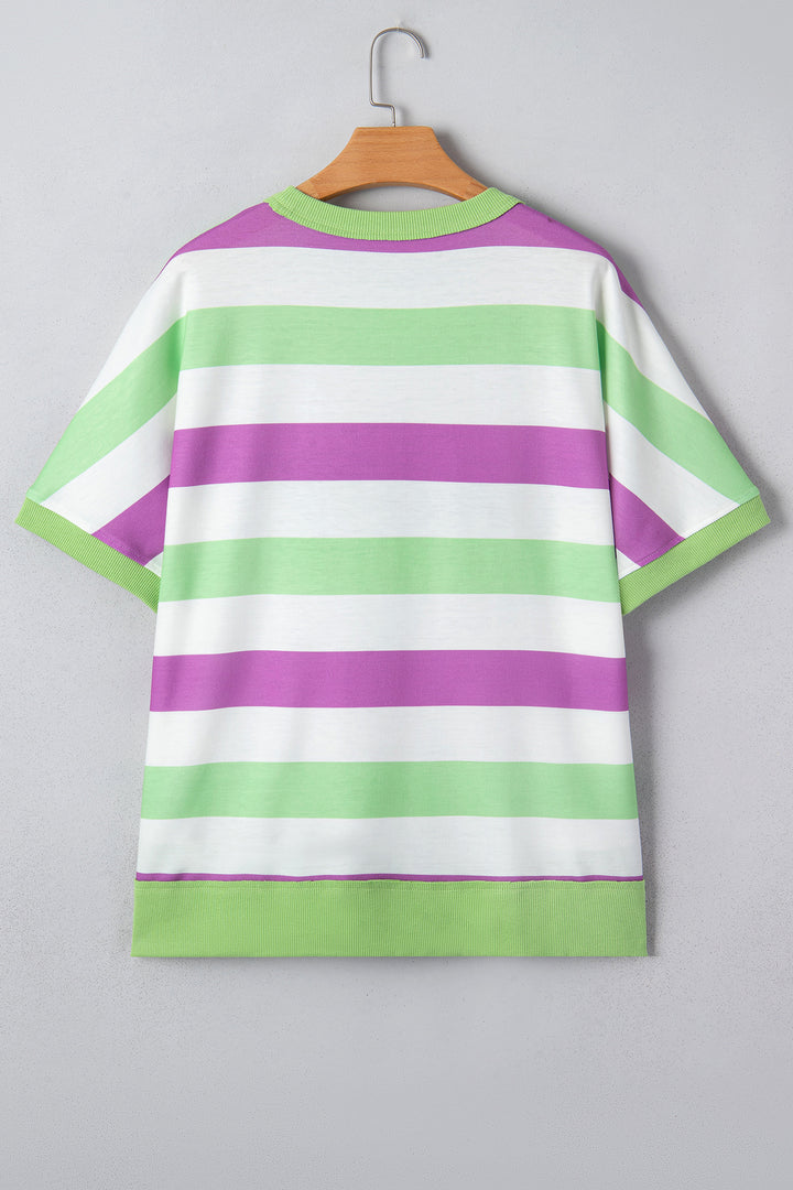 Green Stripe Lucky Clover Embroidered Graphic Dolman Loose Tee