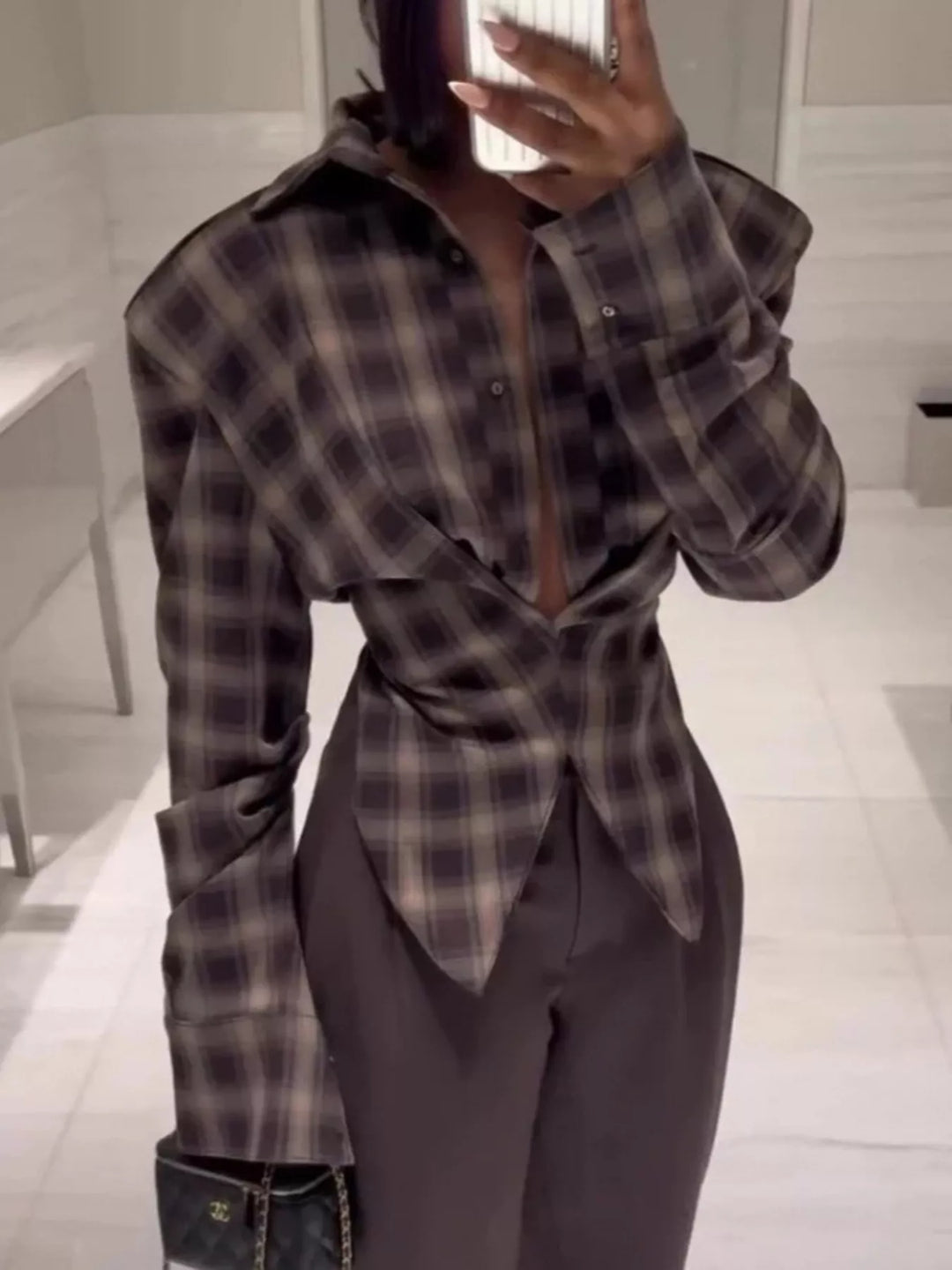 Ruched Plaid Long Sleeve Shirt