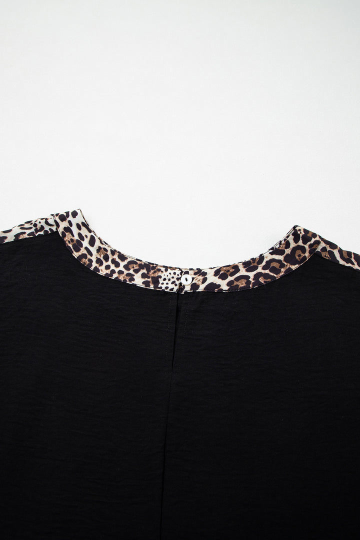 Black Plus Size Leopard Patchwork Round Neck Loose Tee