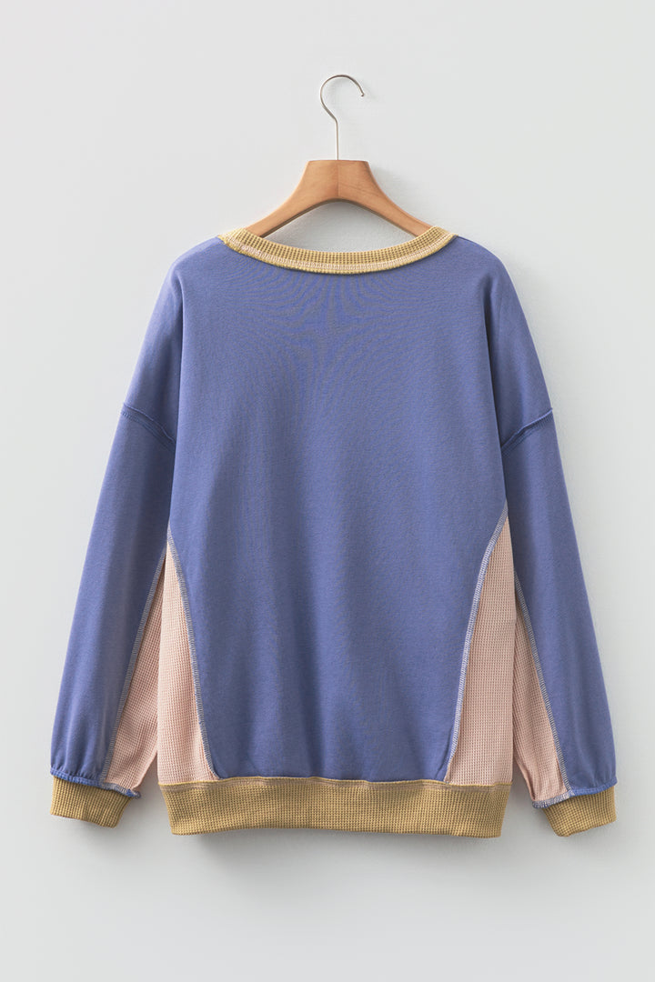 Wild Wind Color Block Mix Texture Waffle Patchwork Oversize Sweatshirt