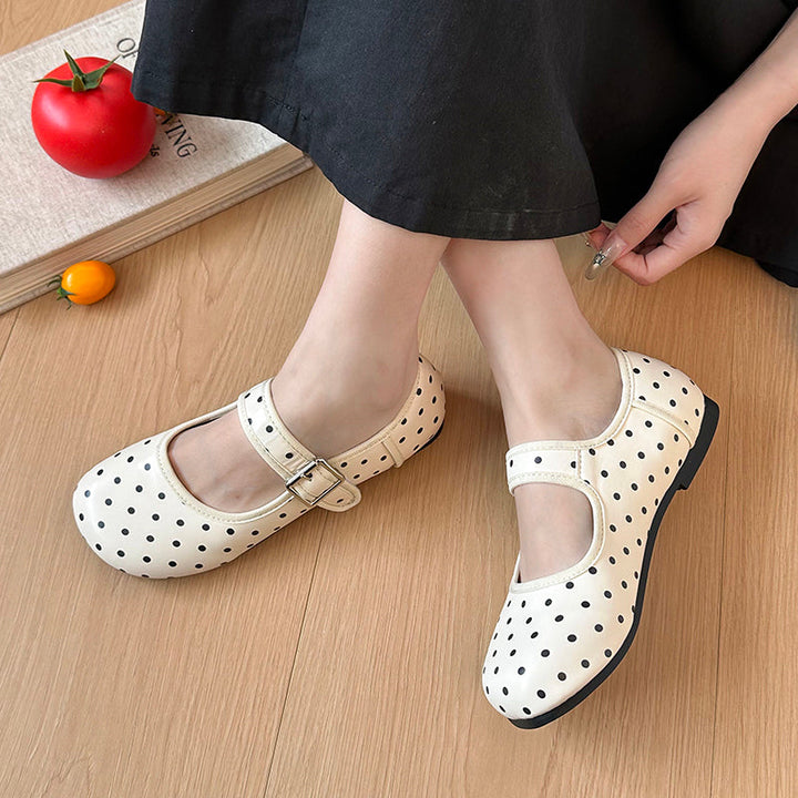 Black Round Toe Retro Polka Dot Shallow Mouth Flat Sole Single Shoe Women's Summer 2026 New Style Hundred Matching Skirt Mary Jane Shoes