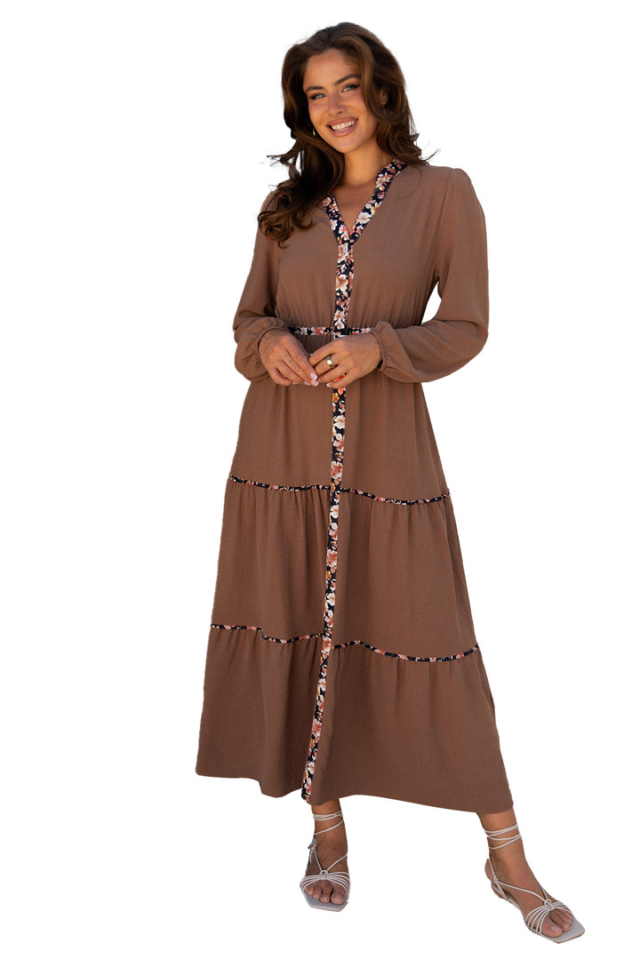 Chestnut Floral Patchwork Detail Notched Neck Long Sleeve Maxi Dress