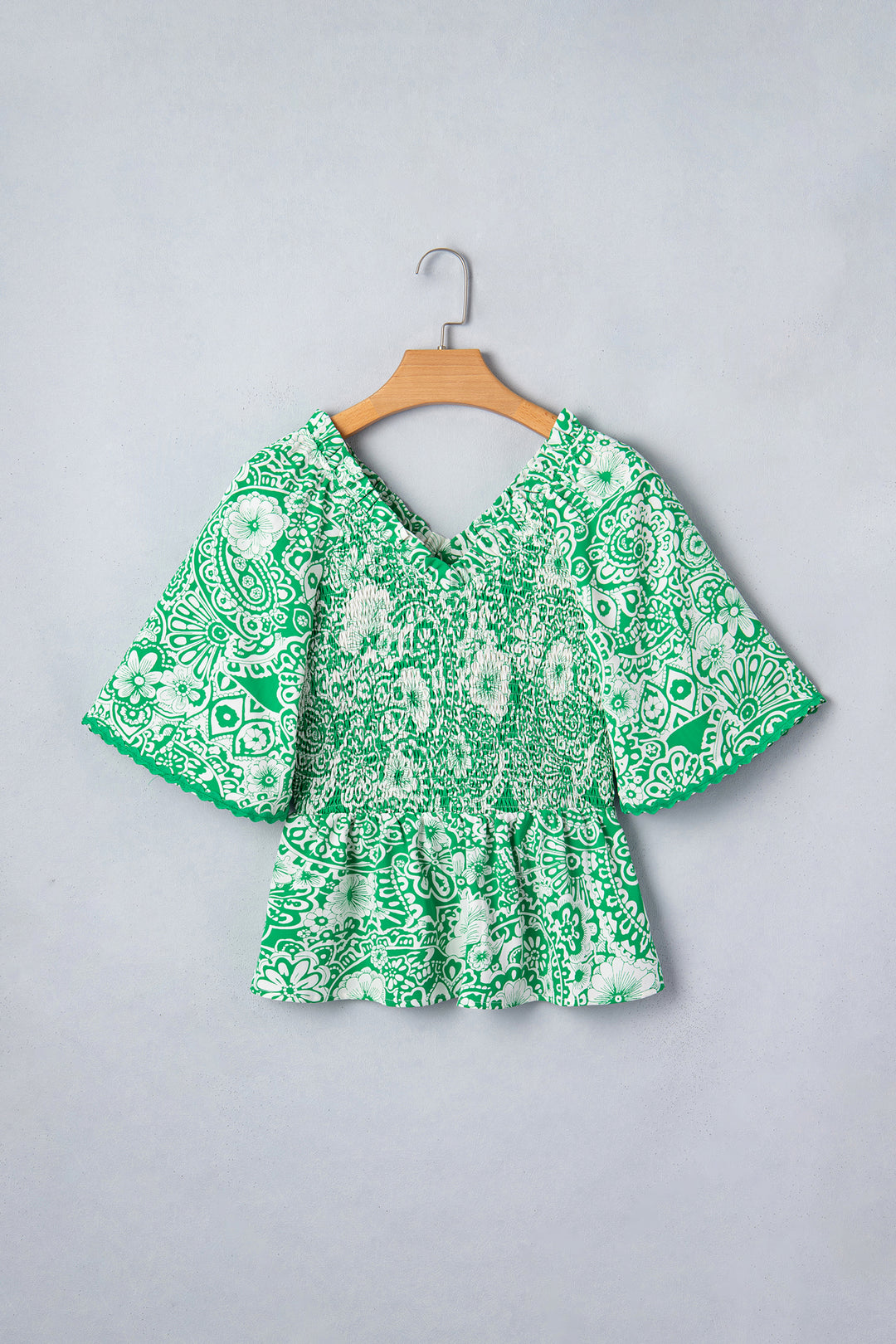Green Flirty Floral Smocked V Neck Blouse