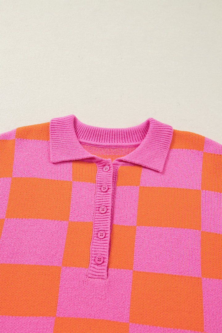 Sachet Pink Checkered Knit Polo Collar Baggy Sweater
