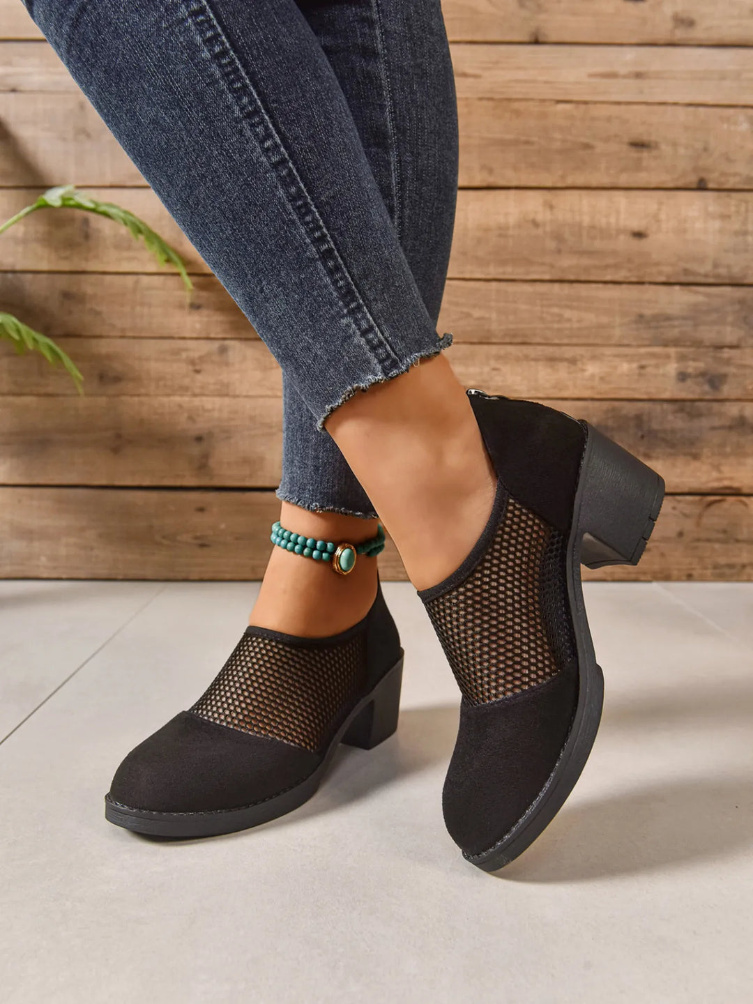 Mesh Panel Block Heel Pumps