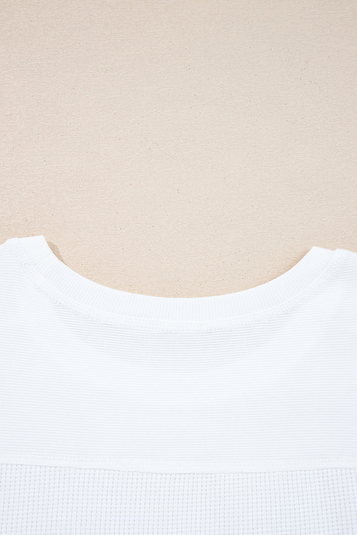 White Solid Color Waffle Ribbed Patchwork Dolman Sleeve Oversize Knit Top