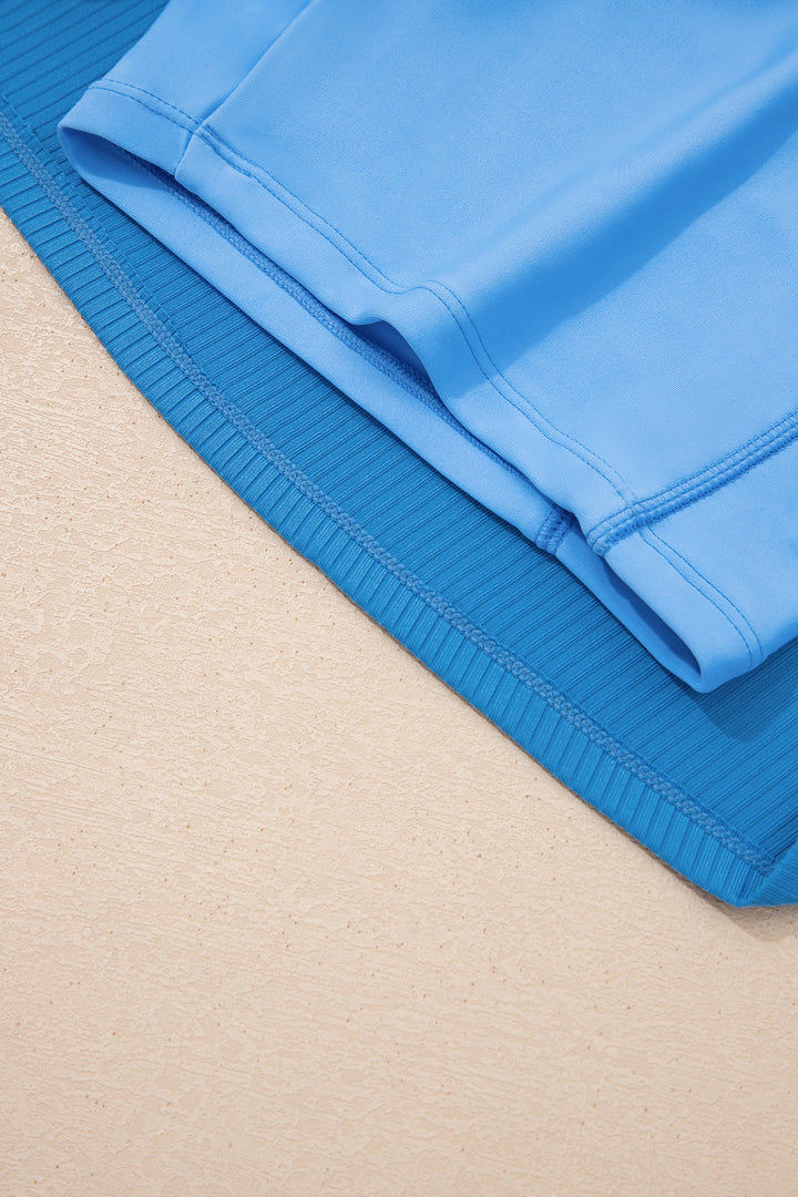 Dusk Blue Color Block Edge Ribbed Pocketed Lined Swim Dress