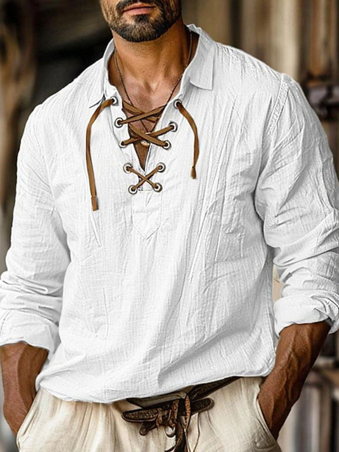 Men's Full Size Vintage Lace-Up Long Sleeve Blouse Plus Size