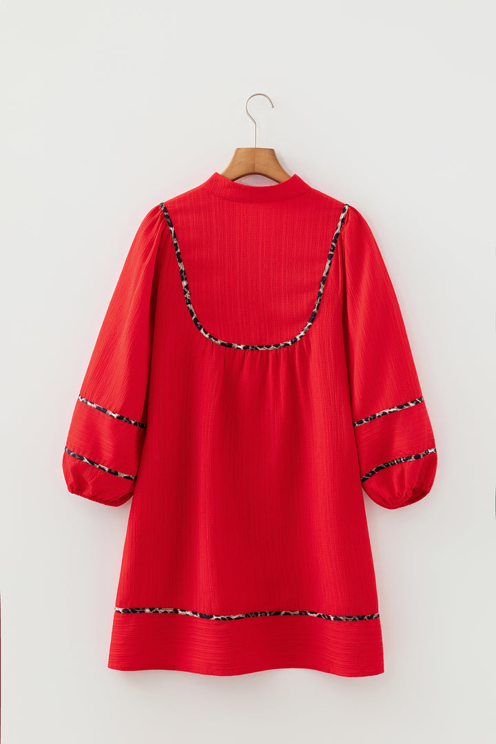 Fiery Red Textured V Neck Leopard Contrasted Trim Long Sleeve Shift Mini Dress