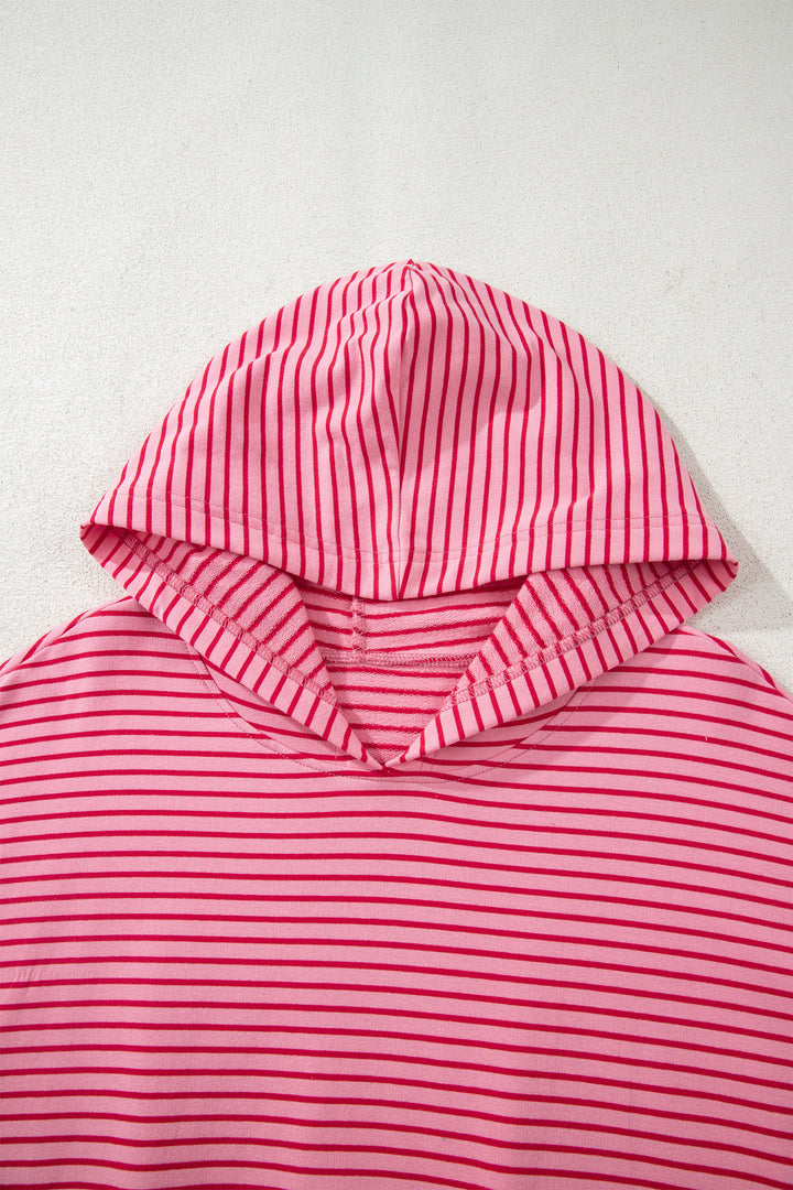 Rose Stripe Thumbhole Side Slits Drop Shoulder Loose Fit Hoodie
