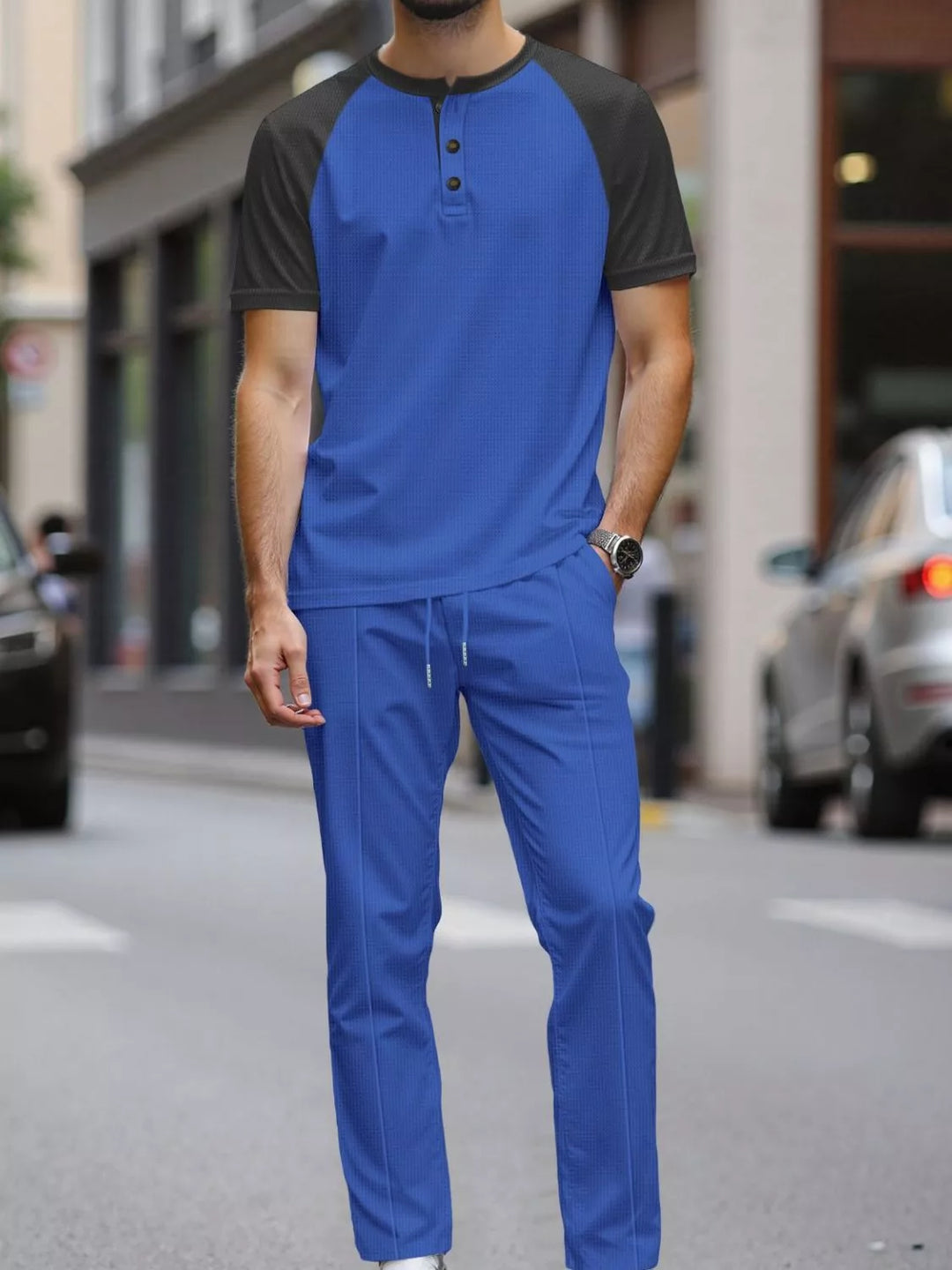 Men's Full Size Casual Two-Tone Raglan Sleeve Tee and Pants Set Plus Size