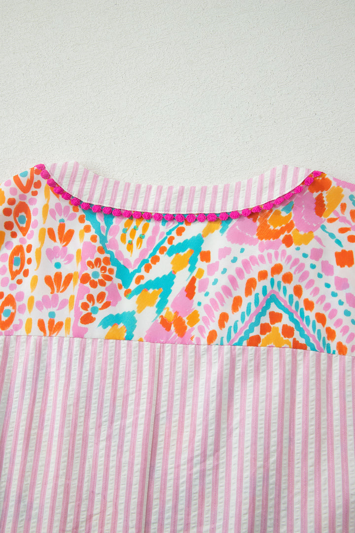 Rose Plus Size Geometric Print Contrast Trim Striped V Neck Blouse