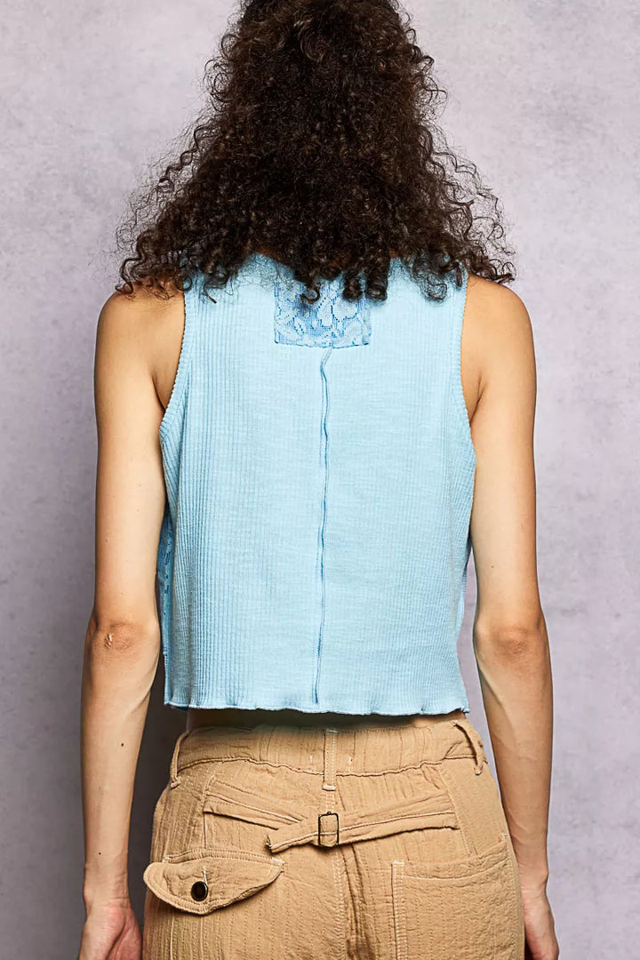 POL Ribbed Round Neck Cropped Tank with Lace Detail