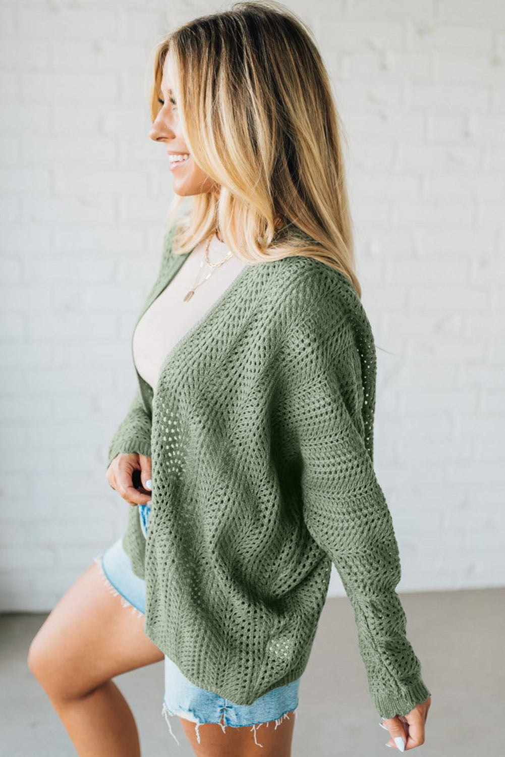 Green Bay Scalloped Edge Eyelet Knit Batwing Sleeve Cardigan