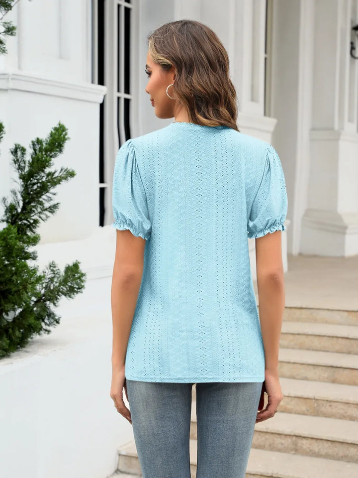 Eyelet Round Neck Short Sleeve Blouse