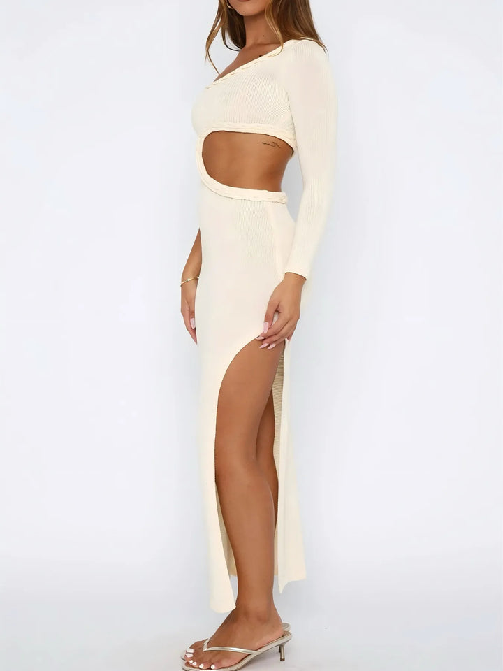 Cutout Slit One Shoulder Long Sleeve Sweater Dress
