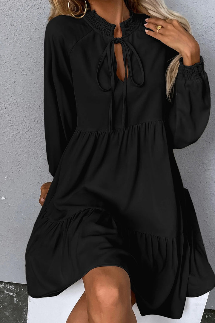 Black Tie Split Neck Smocked Detail Long Puff Sleeve Ruffle Hem Loose Dress