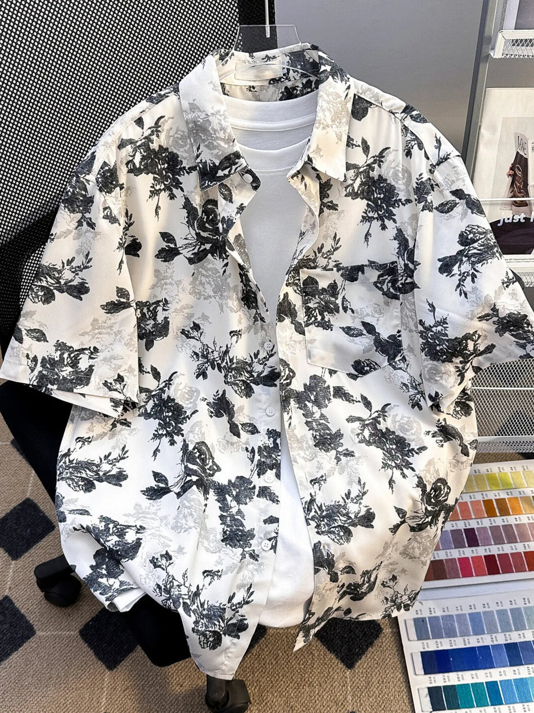 Men's Plus Size Printed Button Up Short Sleeve Shirt