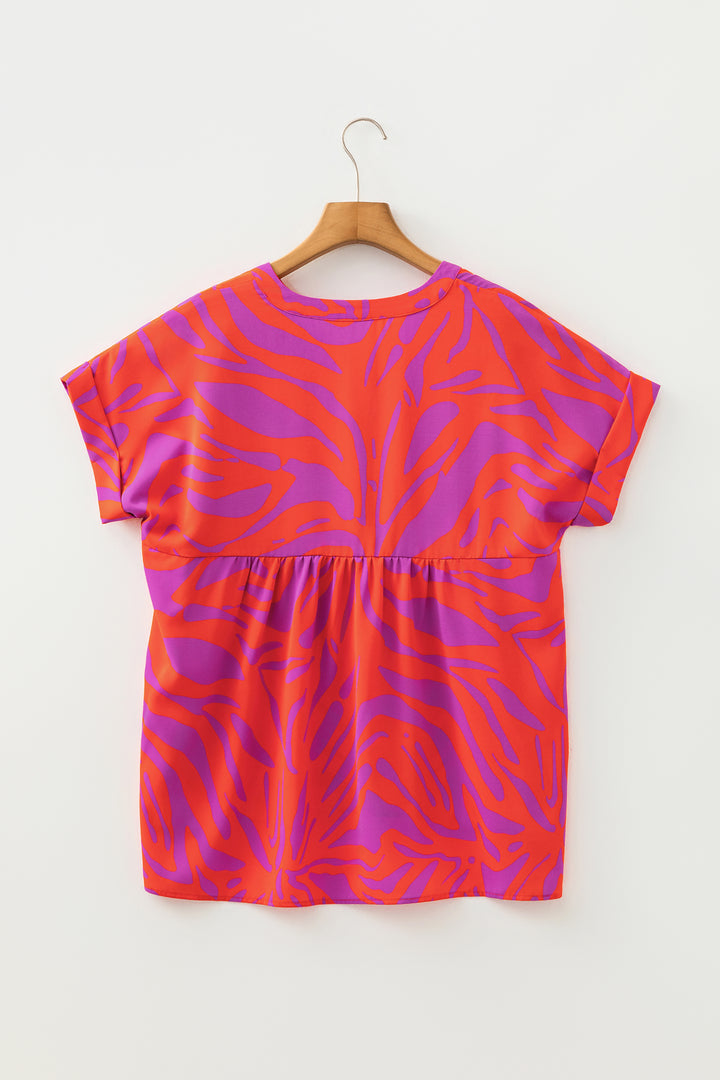 Multicolour Abstract Print V Neck Cuffed Short Sleeve Shift Slit Blouse