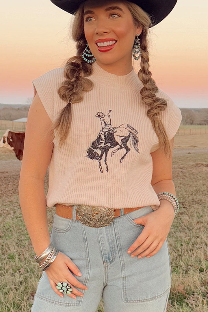 Oatmeal HOWDY Rodeo Cowboy Graphic High Neck Short Sleeve Sweater