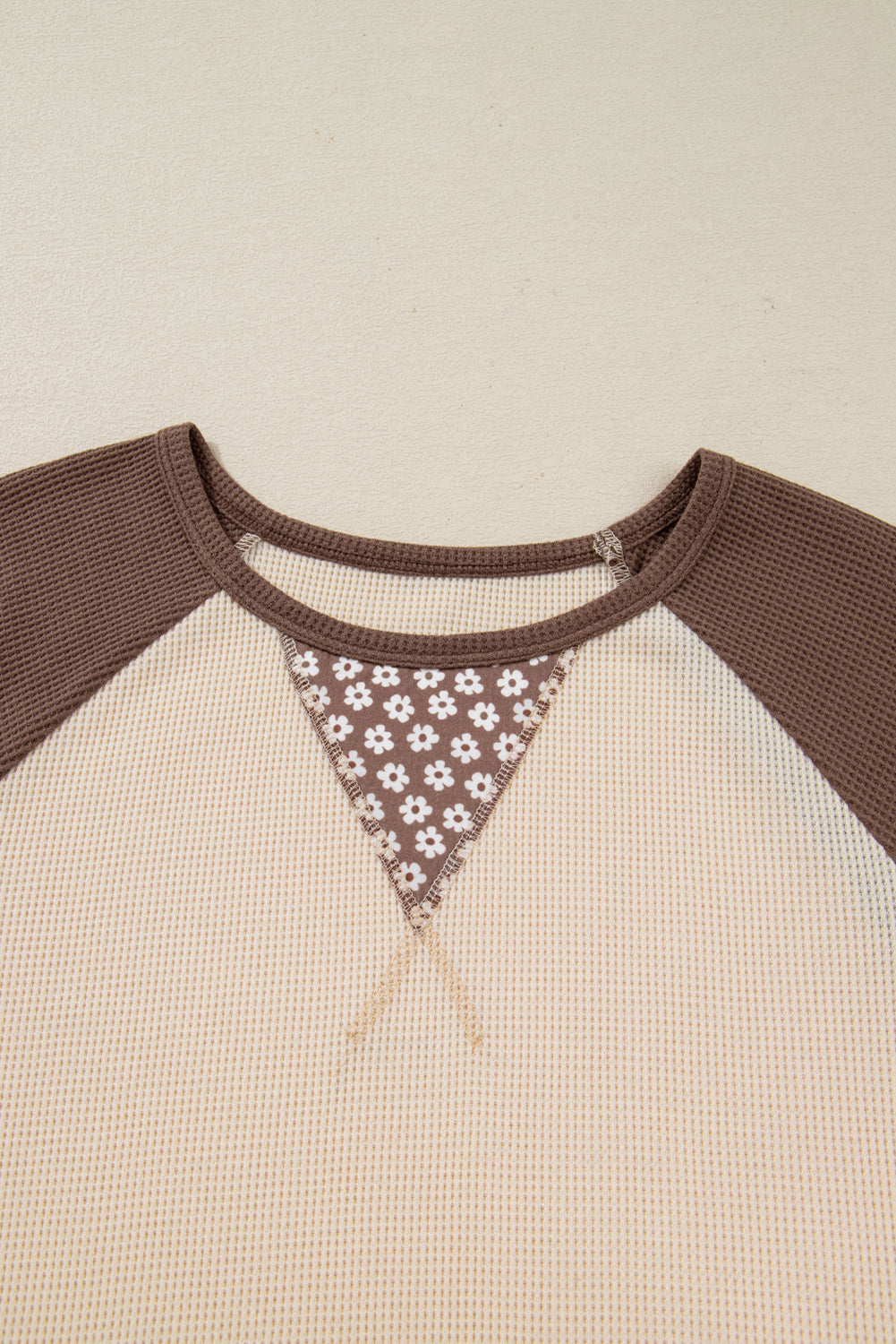 Brown Floral Print Patchwork Color Block Long Sleeve Top
