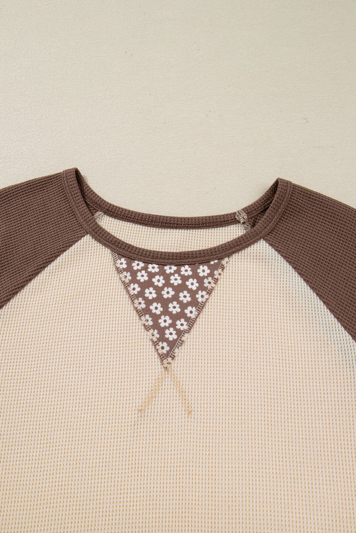 Brown Floral Print Patchwork Color Block Long Sleeve Top