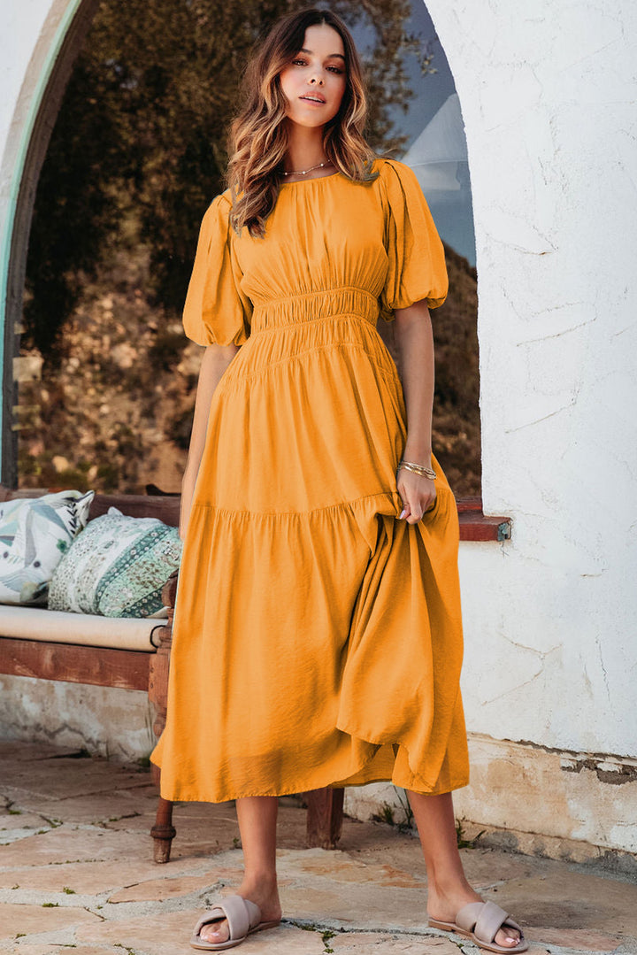 Grapefruit Orange Puff Sleeve Pleated High Waist Flowy Long Dress