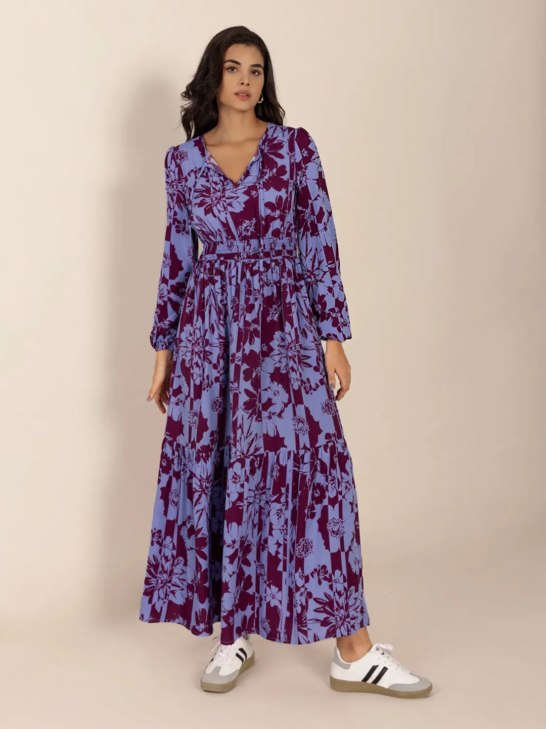 Printed Tie Neck Balloon Sleeve Maxi Dress