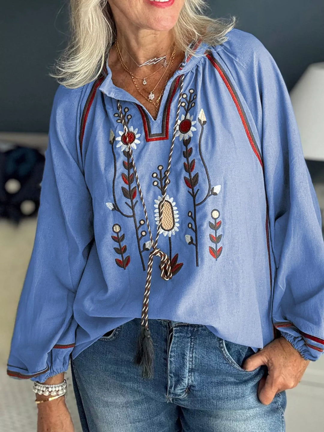 Floral Embroidered Split Neck Tassel Tie Puff Sleeve Blouse