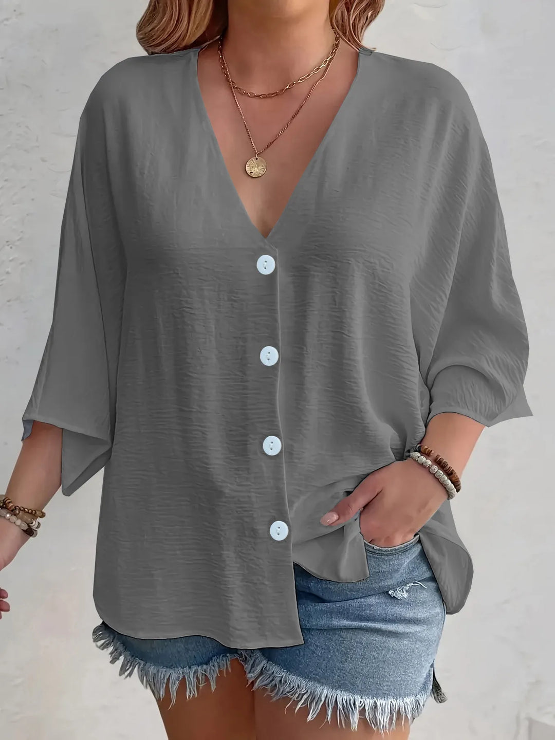 Full Size Casual V-Neck Button Down Relaxed Fit Blouse Plus Size