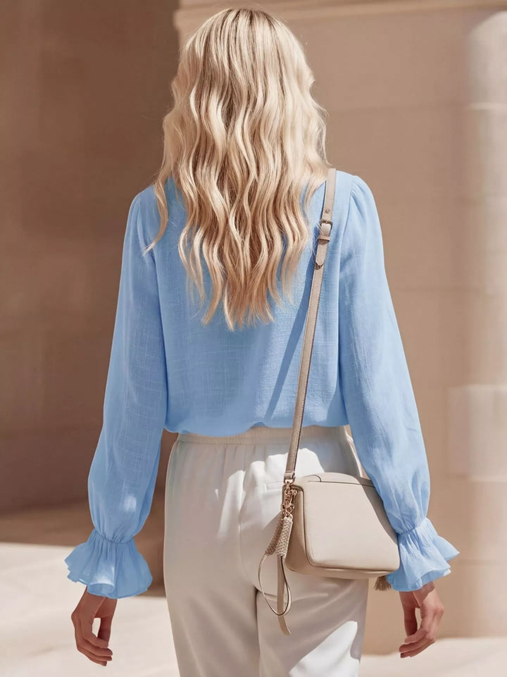 Ruffled V-Neck Long Sleeve Blouse