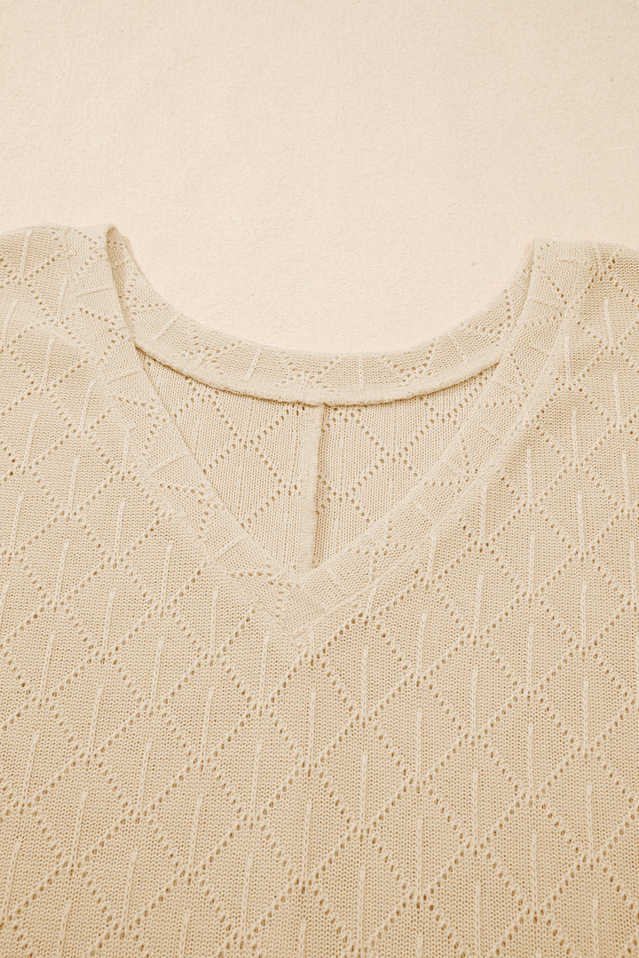 Golden Fleece Pointelle Rhombus Knit Plus Size V Neck Loose Top