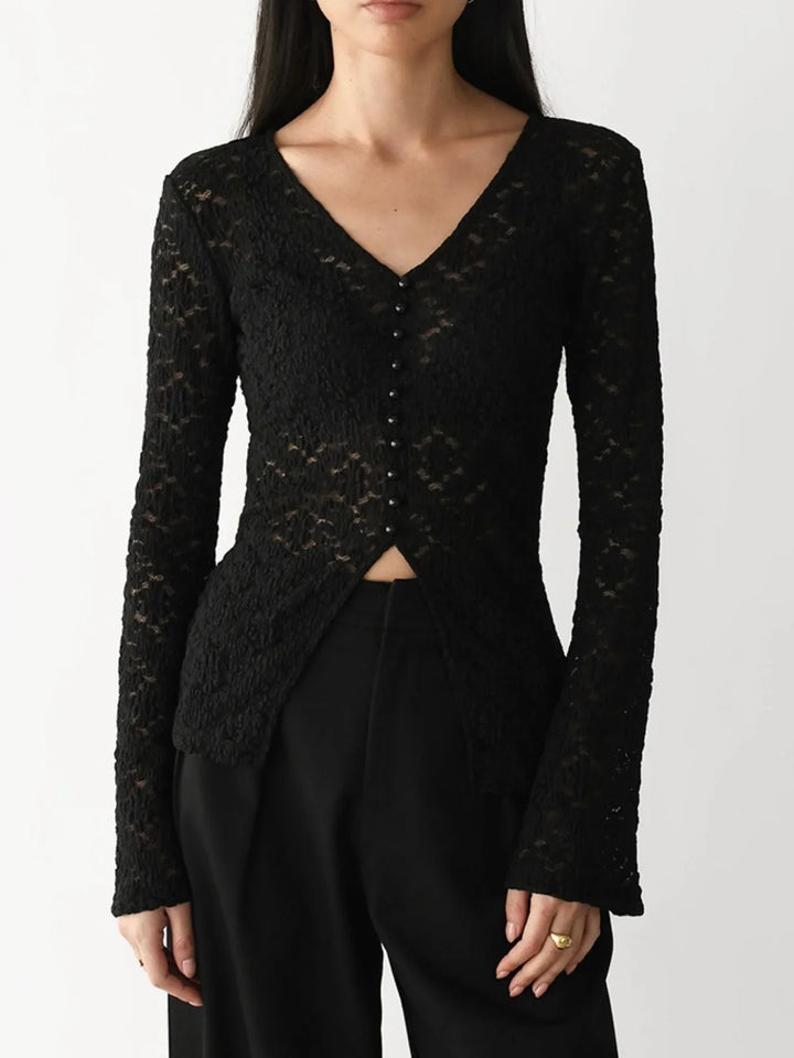 Lace V-Neck Flare Sleeve T-Shirt