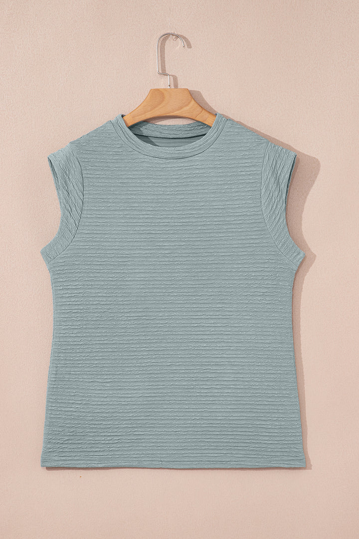 Beau Blue Solid Color Textured Crew Neck Tank Top