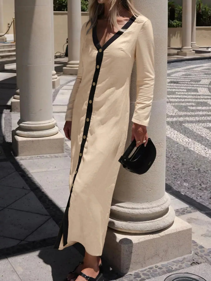 Contrast Trim Button-Down Midi Dress