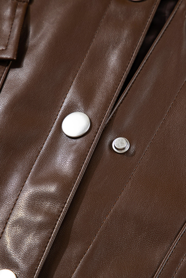 Chicory Coffee Double Flap Pocket Drawstring Hem Leather Jacket
