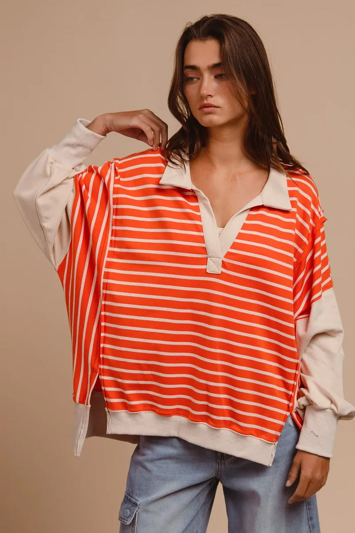 BiBi Stripe Knit Loose Fit Top With Cut Edge Detail