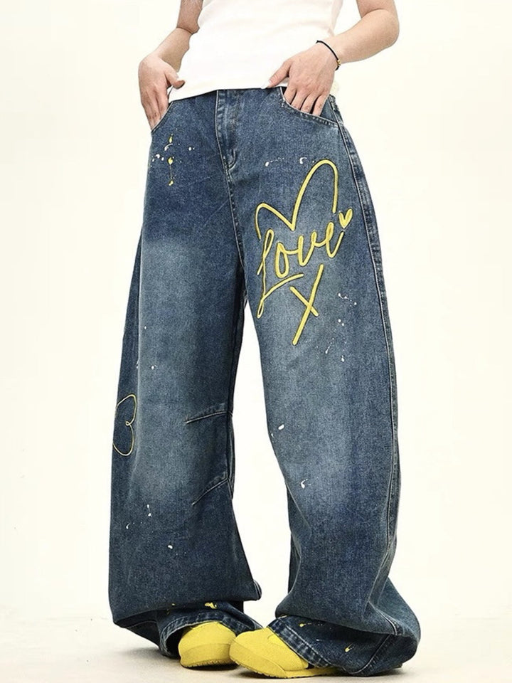 Men's Full Size Love Washed Wide Leg Jeans Plus Size
