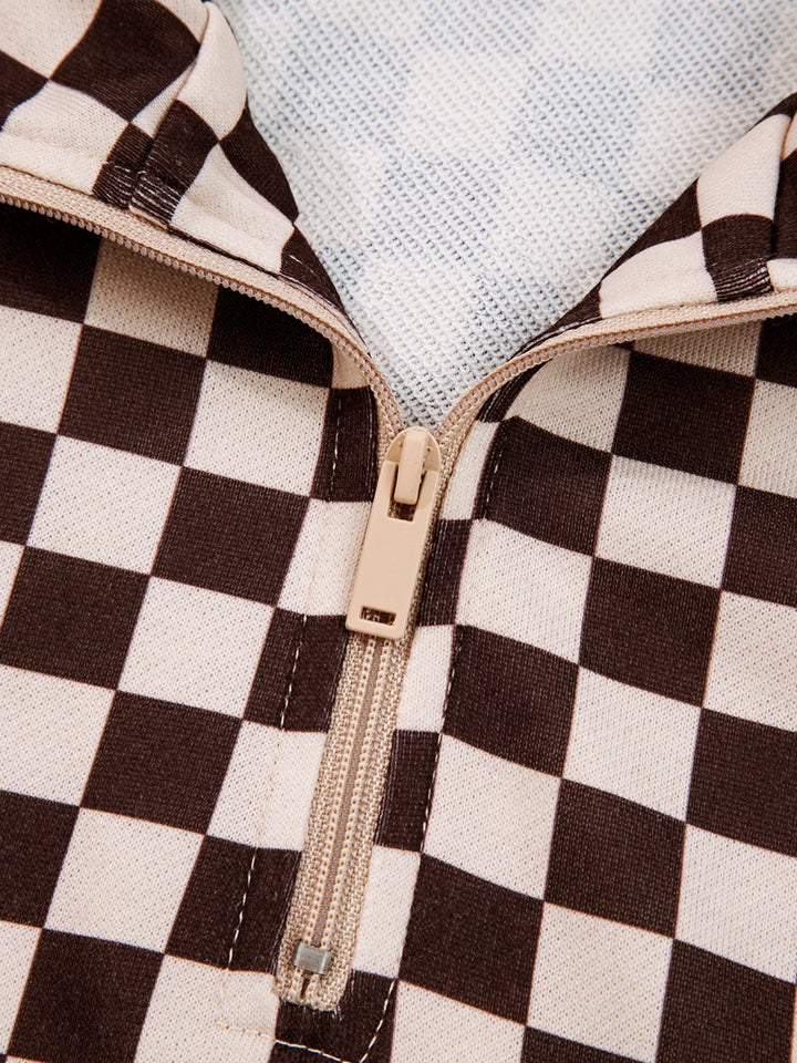 Checkered Drawstring Hoodie and Pants Set