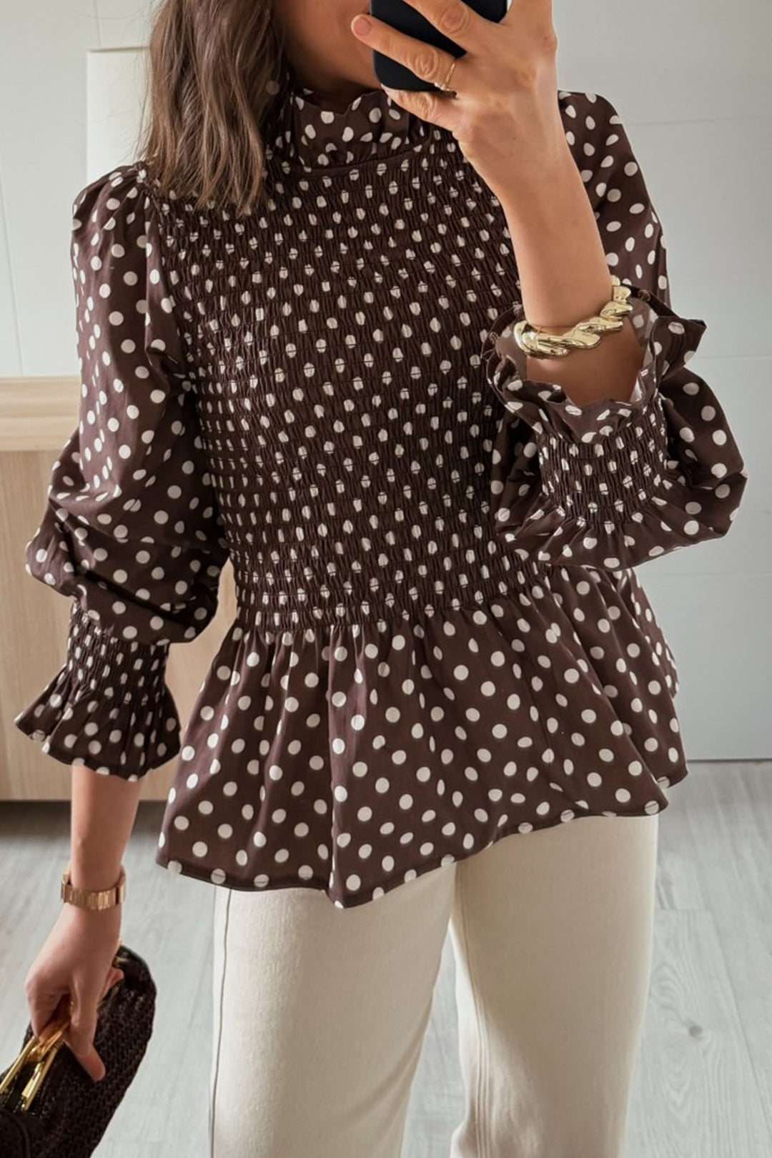 Brown Polka Dot Ruffled High Neck Shirred Ruffle Hem Blouse