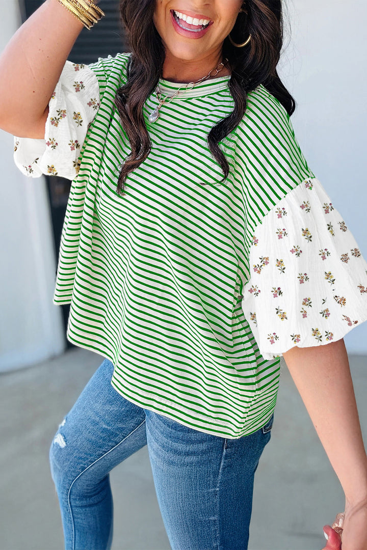 Green Stripe Floral Puff Sleeve Patchwork Round Neck Loose Top