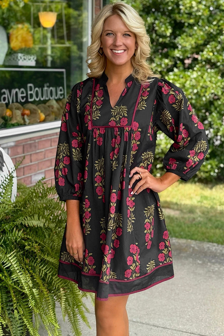 Black Floral Print Notched Neck Piping Trim Bracelet Sleeve Babydoll Dress