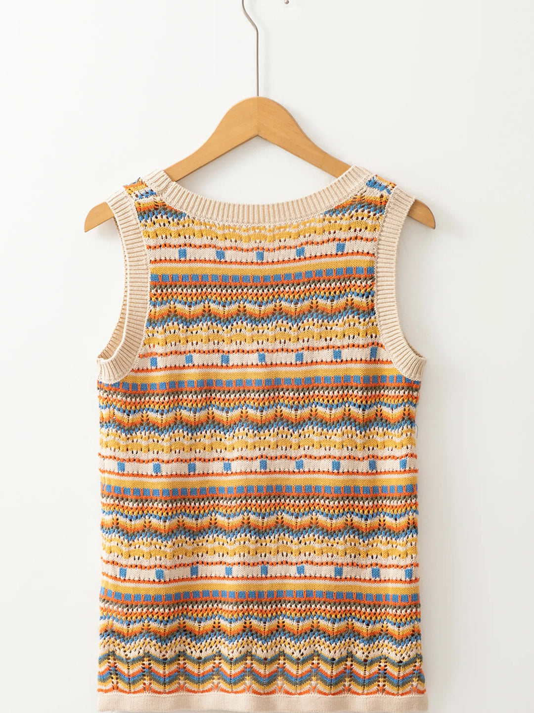 Stripe Eyelet Crochet Round Neck Sweater Vest