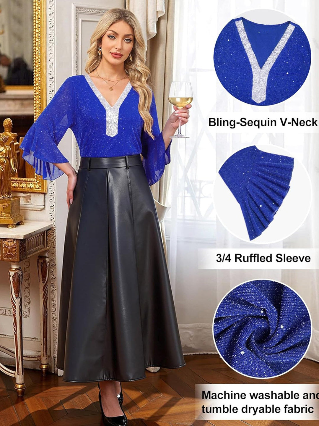 Sequin V-Neck Flounce Sleeve Blouse