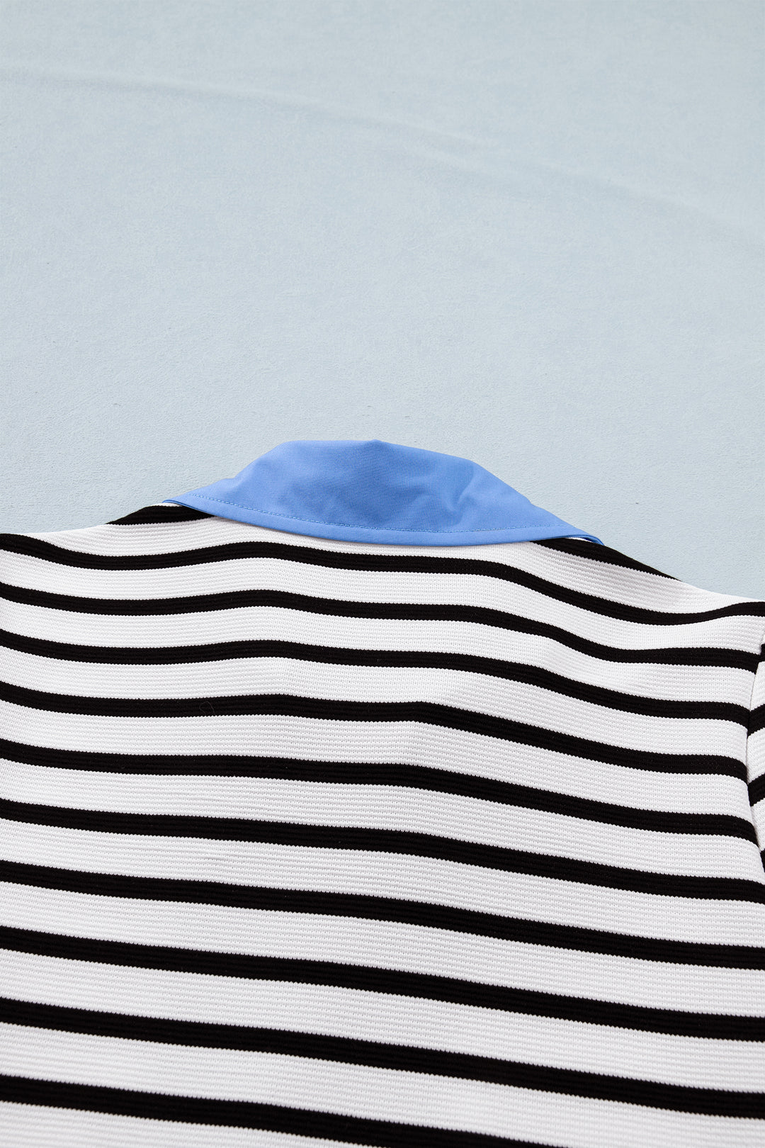 Black Stripe Short Puff Sleeve Color Block Polo Collar Blouse