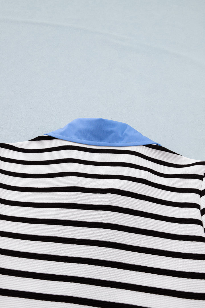 Black Stripe Short Puff Sleeve Color Block Polo Collar Blouse